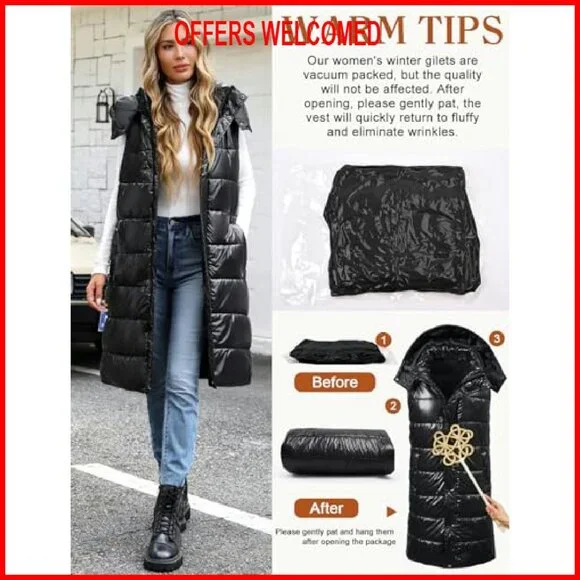 Women's Long Puffer Vest Sleeveless Jacket Zip Up Hooded Quilted
